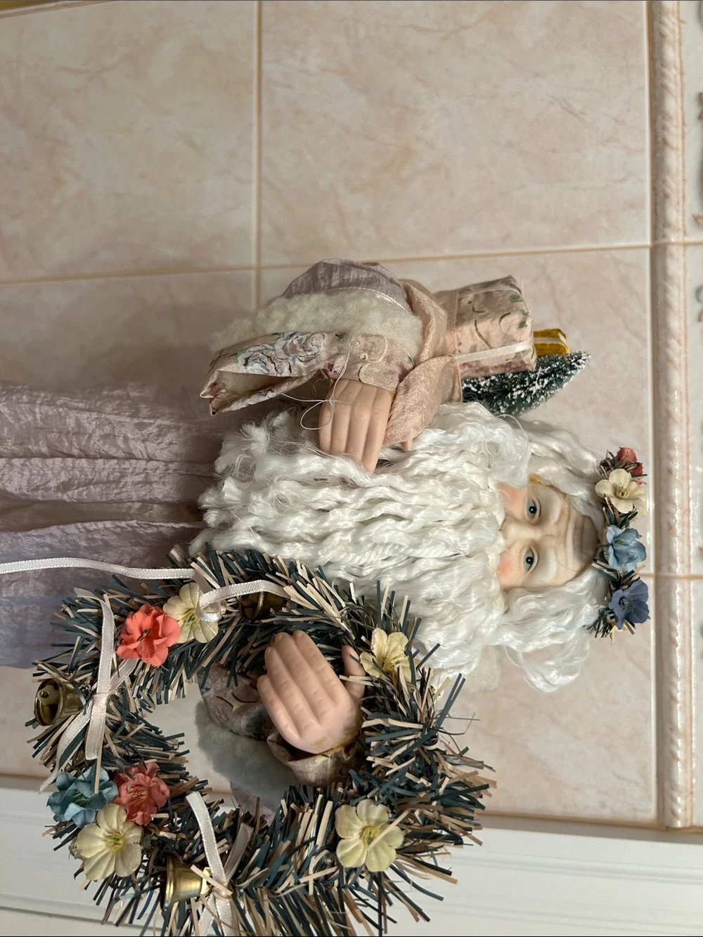 Classic Pink and Cream Santa Holiday Figure with Wreath